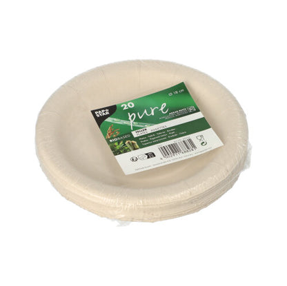 Un teanc de farfurii rotunde PAPSTAR „pure“ din resturi agricole, ambalate în folie de plastic. Pe etichetă se vede PAPSTAR GmbH, este vorba despre 20 de farfurii compostabile și biodegradabile.