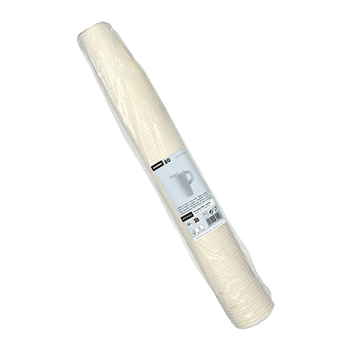 Un pachet cu 80 de pahare Starpak din carton alb cu mâner, stivuite într-o husă – ideal pentru petreceri și întâlniri de orice fel.