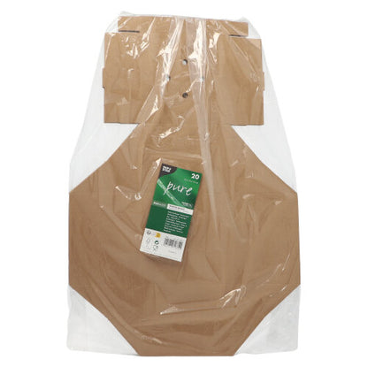 Ein 20er-Pack PAPSTAR Burgerboxen aus Pappe „pure“ der PAPSTAR GmbH, teilweise in Klarsichtfolie eingewickelt mit grün-weißem Etikett – ideal für den umweltfreundlichen Transport und im Design ähnlich wie Hemdchenträger.