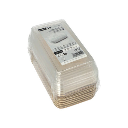 Starpak 10 Sushi-Schalen Palmblatt eckig cu capac rPET „Kombipack“ oferă tăvi dreptunghiulare cu capac, ideale pentru servirea și depozitarea convenabilă a sushi-ului sau pentru combinarea cu un capac rPET potrivit.
