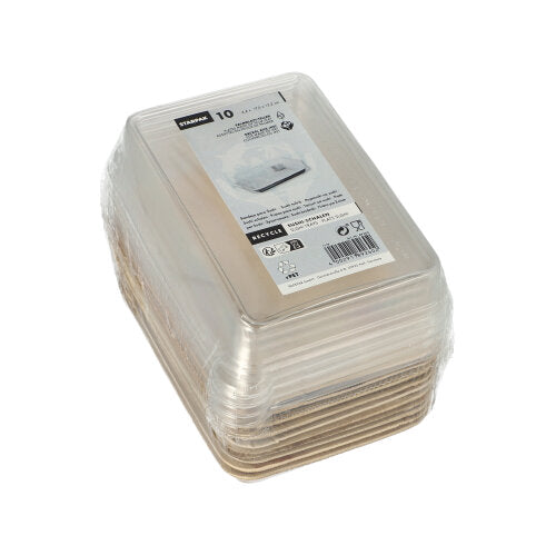 Un pachet cu zece recipiente alimentare Starpak 10 Sushi-Schalen Palmblatt dreptunghiulare în maro, fiecare cu un capac rPET transparent („Kombipack“), ambalate în plastic și prevăzute cu o etichetă de informații despre produs în partea de sus.