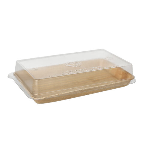 Starpak 10 Sushi-Schalen Palmblatt eckig mit capac rPET „Kombipack“ este un recipient alimentar dreptunghiular, transparent, din plastic, cu un capac rPET transparent de la marca Starpak, ilustrat gol pe un fundal alb simplu.