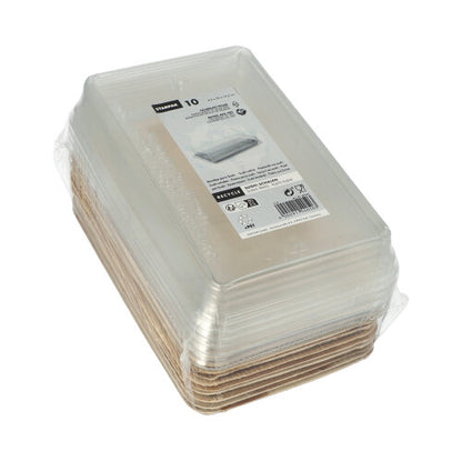 Starpak 10 Sushi-Schalen Palmblatt eckig cu capac rPET „Kombipack“: Zece recipiente dreptunghiulare din frunză de palmier cu baze maro și capace rPET, etichetate cu informații despre produs și reciclare – ideale pentru preparate proaspete de sushi.