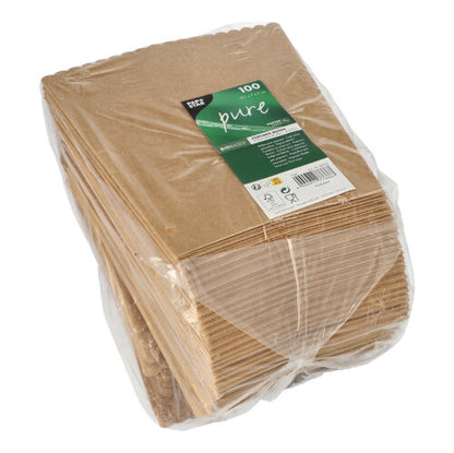 Un teanc de cutii de popcorn maro PAPSTAR (19,7x7x7 cm, 100 bucăți) este ambalat în plastic transparent cu o etichetă verde-albă - ideal pentru următoarea seară de cinema.