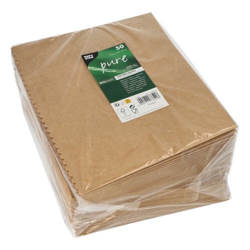 Un teanc de cutii de popcorn PAPSTAR dreptunghiulare, maro (19,2x15,8x8 cm, mare), 50 de bucăți, ambalate în plastic transparent cu etichetă de marcă verde-albă - ideal pentru evenimente. Marcă: PAPSTAR GmbH.