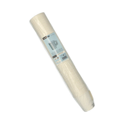 Un pachet sigilat cu 80 de pahare de unică folosință Starpak din carton alb cu mâner (pahar, carton cu mâner) este stivuit cu o etichetă albastră cu detalii despre produs și o ilustrație a paharului – ideal pentru petreceri.