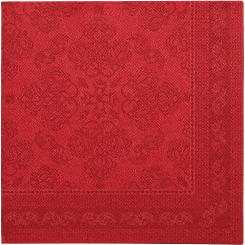 Cele PAPSTAR 50 de șervețele „ROYAL Collection” 1/4-pliat 40 x 40 cm în culoarea bordo se remarcă printr-o formă pătrată cu modele florale și geometrice în relief, o margine roșie mai închisă și un design simetric, rafinat - calitate premium de la PAPSTAR GmbH.