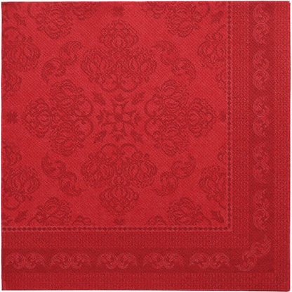 Cele PAPSTAR 50 de șervețele „ROYAL Collection” 1/4-pliat 40 x 40 cm în culoarea bordo se remarcă printr-o formă pătrată cu modele florale și geometrice în relief, o margine roșie mai închisă și un design simetric, rafinat - calitate premium de la PAPSTAR GmbH.