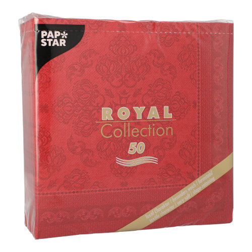 Un pachet bordo de PAPSTAR 50 de șervețele „ROYAL Collection” 1/4-pliat (40 x 40 cm) de la PAPSTAR GmbH cu scris aur-alb și un model decorativ discret.