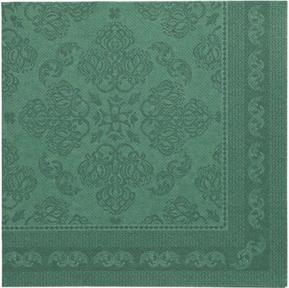 Un șervețel pătrat de culoare verde închis, de 40 x 40 cm din colecția ROYAL a PAPSTAR GmbH cu un model decorativ embosat și margine.