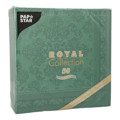 Un pachet PAPSTAR GmbH 50 șervețele "ROYAL Collection" 1/4-pliere, dimensiune 40 x 40 cm în verde, prezintă șervețele cu un model complicat și o etichetă diagonală aurie în colț.