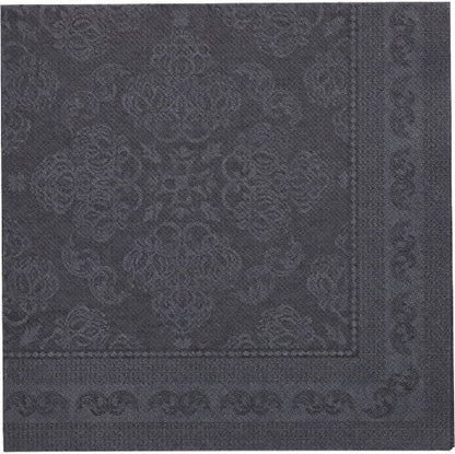 Die schwarze Serviette "ROYAL Collection" der PAPSTAR GmbH (40 x 40 cm, 1/4-fach gefaltet) in der Draufsicht zeigt ein geprägtes florales und geometrisches Muster mit einer dekorativen Bordüre an den Rändern. Packung mit 50 Stück.