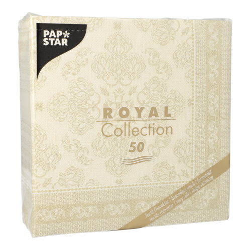 Un pachet cu 50 de PAPSTAR GmbH șervețele "ROYAL Collection" pliate 1/4, 40 x 40 cm, în culoare șampanie, cu un model elegant și accente aurii pe ambalaj.