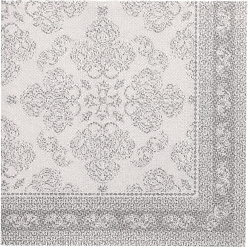 Die PAPSTAR 50 Servietten "ROYAL Collection" 1/4-Falz 40 x 40 cm grau der PAPSTAR GmbH zeichnen sich durch ein grau-weißes, verziertes Blumen- und Schneckenmuster mit dekorativer Bordüre aus - ideal für alle, die hochwertige Servietten suchen.