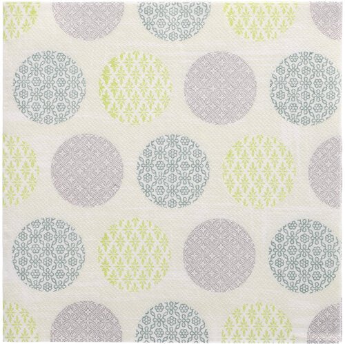 PAPSTAR 50 șervețele "ROYAL Collection" 1/4-pliere 40 x 40 cm verde de la PAPSTAR GmbH se remarcă printr-o suprafață texturată cu cercuri uniform distribuite în gri, albastru și verde pe alb, fiecare umplut cu modele geometrice sau florale delicate.