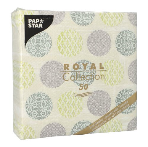 PAPSTAR GmbH 50 șervețele "ROYAL Collection" 1/4-pliere, 40 x 40 cm verde, vin într-un pachet cu cercuri modelate verde deschis și gri pe un fundal crem și afișează informații despre marcă și produs pe față.