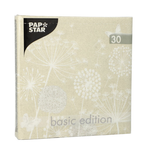 Un pachet pătrat bej de 30 de șervețele PAPSTAR (3 straturi, 1/4 pliuri, 33x33 cm) de la PAPSTAR GmbH prezintă un motiv de păpădie albă, inscripția „Basic Edition“, „30“ în colțul din dreapta sus și logo-ul PAPSTAR în colțul din stânga sus.