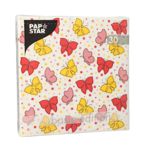 Un pachet de 30 de șervețele ale PAPSTAR GmbH, cu 3 straturi, 1/4 pliere, 33x33 cm cu un motiv de fluturi în roșu, galben și roz pe alb cu puncte colorate. Fiecare pachet conține 30 de șervețele din ediția de bază.