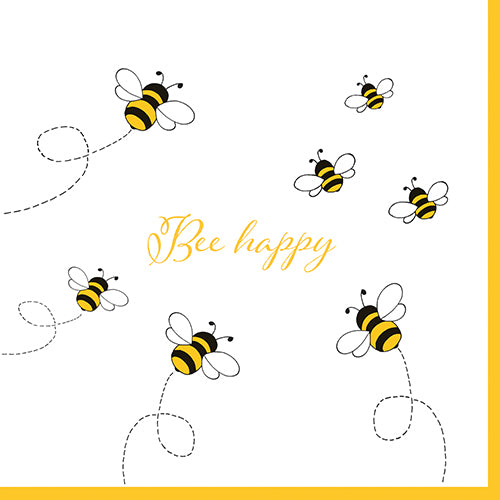 Ilustrație cu șase albine de desene animate cu traiectorii punctate și „Bee happy” în scris galben pe un fundal alb, conturat cu galben – ideal pentru PAPSTAR 30 șervețele, 3 straturi 1/4 pliat (33x33 cm) de la PAPSTAR GmbH.