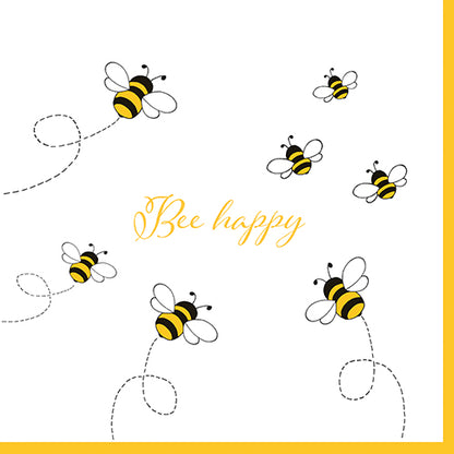Ilustrație cu șase albine de desene animate cu traiectorii punctate și „Bee happy” în scris galben pe un fundal alb, conturat cu galben – ideal pentru PAPSTAR 30 șervețele, 3 straturi 1/4 pliat (33x33 cm) de la PAPSTAR GmbH.