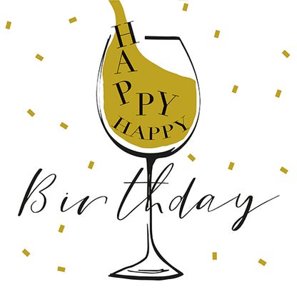 Un pahar de vin umplut cu lichid auriu, cu „HAPPY” în interior și dedesubt, în scris de mână, „Birthday”. Confetti auriu împrăștiat pe alb – perfect de combinat cu cele 30 de șervețele, cu 3 straturi, 1/4 pliere (33x33 cm) ale PAPSTAR GmbH pentru festivități.