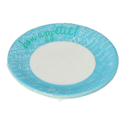 PAPSTAR 10 farfurii, carton rotund Ø 23 cm de la PAPSTAR GmbH: farfurii de unică folosință rotunde cu margine albastră și scris de mână alb („Poftă bună!” în verde), ideale pentru petreceri și evenimente. Centrul este simplu alb.