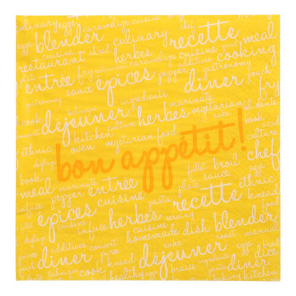Cele 20 de șervețele PAPSTAR (40 x 40 cm, 3 straturi, pliere 1/4) de la PAPSTAR GmbH au un design galben cu cuvinte culinare franțuzești și englezești în alb și „bon appétit” în portocaliu - ideal pentru a adăuga farmec mesei tale.