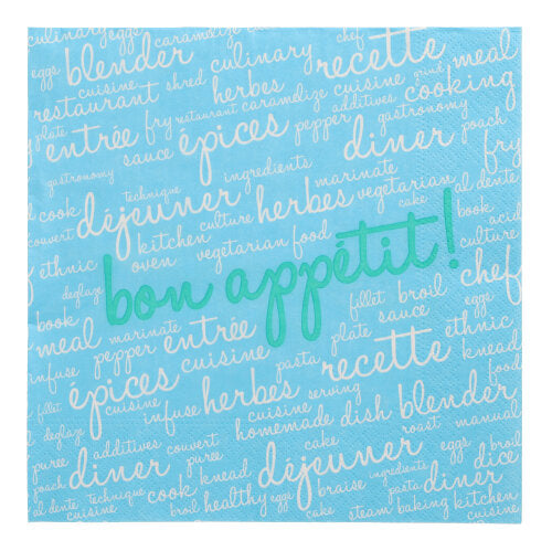 Cele 20 de șervețele (40 x 40 cm, 3 straturi, pliere 1/4) de la PAPSTAR GmbH sunt șervețele albastre cu cuvinte culinare franțuzești și englezești în alb și verde - o combinație de design stilat și calitate înaltă pentru o masă elegantă.