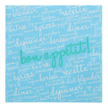 Cele 20 de șervețele (40 x 40 cm, 3 straturi, pliere 1/4) de la PAPSTAR GmbH sunt șervețele albastre cu cuvinte culinare franțuzești și englezești în alb și verde - o combinație de design stilat și calitate înaltă pentru o masă elegantă.