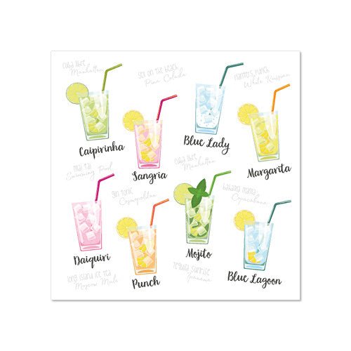 Imagine cu nouă cocktailuri în pahare cu gheață, garnituri și PAPSTAR 20 de șervețele, 25x25 cm 3 straturi ale PAPSTAR GmbH. Cocktailuri precum Caipirinha, Sangria, Blue Lady, Margarita și Mojito sunt servite cu paie și felii de fructe.