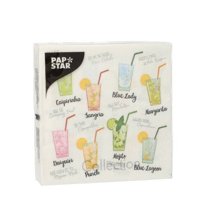 Cele 20 de șervețele (25x25 cm, 3 straturi, 1/4 pliere) ale PAPSTAR GmbH sunt decorate cu ilustrații și nume de cocktailuri precum Caipirinha, Mojito și Margarita – ideale pentru o decorare stilată a mesei.