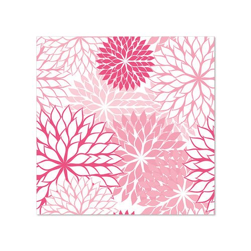 Cele 20 de șervețele de la PAPSTAR GmbH, 25 cm x 25 cm, 3 straturi, au un model simetric repetitiv de motive florale roz și roșii cu petale ascuțite și spațiu alb între ele, pliate în 1/4.