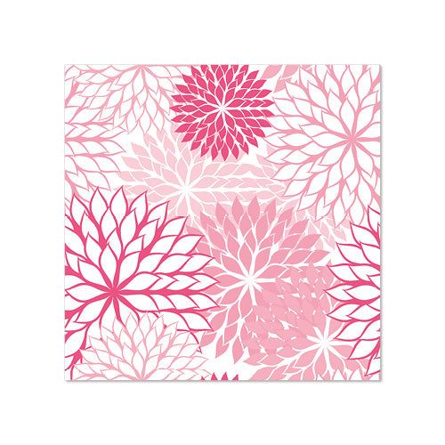 Die 20 Servietten der PAPSTAR GmbH, 25 cm x 25 cm, 3-lagig, weisen ein sich wiederholendes symmetrisches Muster aus überlappenden rosa und roten Blumenmotiven mit spitzen Blütenblättern und weißem Zwischenraum auf, gefaltet in einer 1/4-Falz.