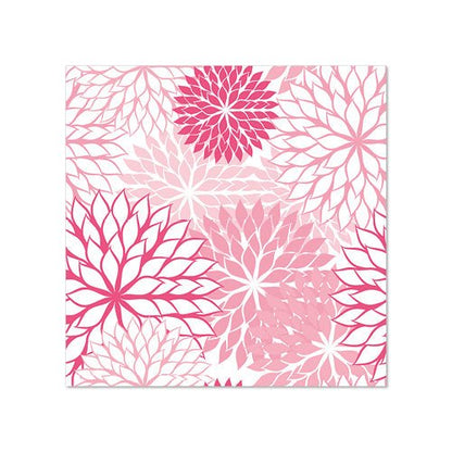 Cele 20 de șervețele de la PAPSTAR GmbH, 25 cm x 25 cm, 3 straturi, au un model simetric repetitiv de motive florale roz și roșii cu petale ascuțite și spațiu alb între ele, pliate în 1/4.