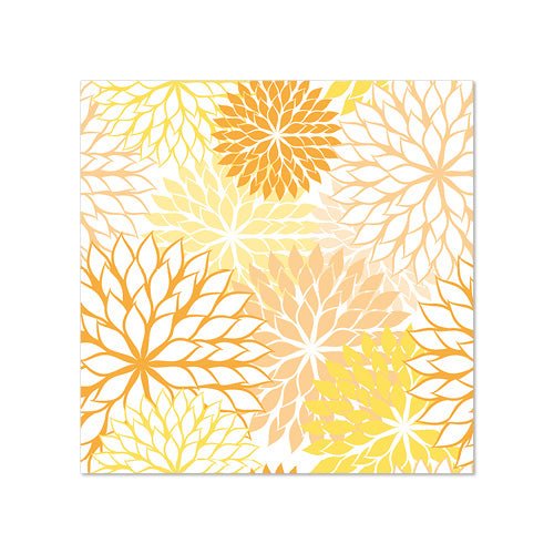 O imagine pătrată cu un model floral repetitiv în galben, portocaliu și bej pe alb – ideal pentru decorarea mesei sau ca șervețele vibrante PAPSTAR 20 (25 x 25 cm, 3 straturi, 1/4 pliate) de la PAPSTAR GmbH.