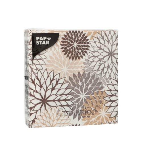 Un pachet sigilat cu 20 de șervețele de la PAPSTAR GmbH, 25 cm x 25 cm, 3 straturi și 1/4-pliat, cu un design floral în bej, maro și taupe. Marca „PAPSTAR” apare în colțul din stânga sus.