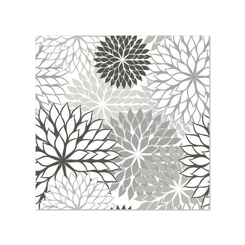 PAPSTAR 20 de șervețele (25 x 25 cm, 3 straturi, 1/4 pliate) de la PAPSTAR GmbH prezintă un model floral pătrat cu petale ascuțite în negru, gri și alb pe un fundal alb – decor perfect pentru masă cu flori distribuite uniform de dimensiuni diferite.