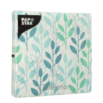 Un pachet sigilat de la PAPSTAR GmbH cu 20 de șervețele, albastre, 3 straturi, 33 x 33 cm, pliere 1/4, cu "Collection" pe partea din față.