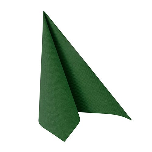 Un șervețel "ROYAL Collection" de la PAPSTAR GmbH, 40 x 40 cm în verde, din pachetul de 50 este pliat vertical într-un triunghi cu capete ascuțite, prezentat pe un fundal alb.