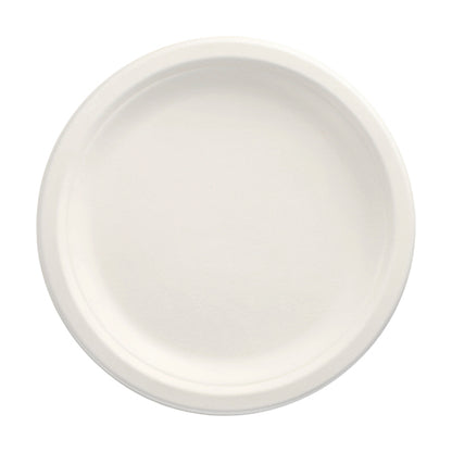 Un PAPSTAR 100 farfurie, trestie de zahăr „pure“ nedivizată, albă de la PAPSTAR GmbH este prezentată în vedere de sus pe un fond alb. Suprafața sa netedă și marginea ridicată îl fac ideal pentru o farfurie de unică folosință ecologică pentru mese sustenabile.