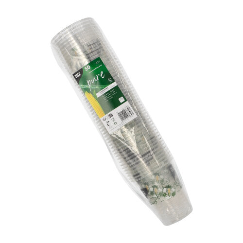 Un pachet de 50 PAPSTAR „Pahar din porumb“ pahare PLA de la PAPSTAR GmbH, învelite în folie de plastic și cu o etichetă verde-alb care indică faptul că sunt biodegradabile și fabricate din porumb.