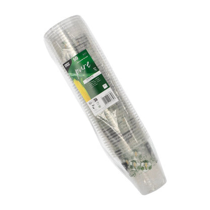 Un pachet de 50 PAPSTAR „Pahar din porumb“ pahare PLA de la PAPSTAR GmbH, învelite în folie de plastic și cu o etichetă verde-alb care indică faptul că sunt biodegradabile și fabricate din porumb.