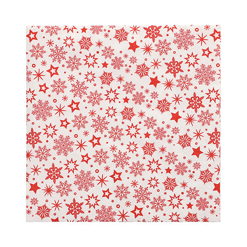 Cele 30 de șervețele ale PAPSTAR GmbH sunt șervețele de hârtie albe, cu 3 straturi (33 x 33 cm, 1/4 pliere), decorate cu fulgi de zăpadă roșii și stele de diferite dimensiuni, distribuite uniform.