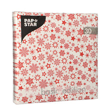 Die 30 Servietten, 3-lagig, 1/4-Falz (33x33 cm) der PAPSTAR GmbH kommen in einer quadratischen Packung mit weißem Hintergrund und rotem Schneeflocken-/Sternen-Design – ideal für festliche Anlässe.