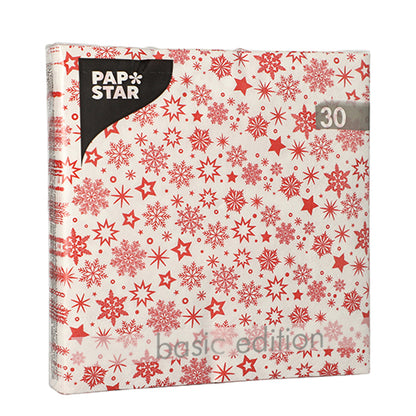 Cele 30 de șervețele, cu 3 straturi, 1/4 pliere (33x33 cm) ale PAPSTAR GmbH vin într-un pachet pătrat cu fundal alb și design de fulgi de zăpadă/stele roșii – ideal pentru ocazii festive.