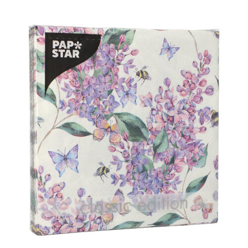 Eine Packung PAPSTAR GmbH 3-lagige Servietten (20 Stück, 33x33 cm, 1/4-fach gefaltet) in einer Klarsichthülle mit Blumen- und Schmetterlingsmotiven in Lila, Rosa und Grün - aus der eleganten Kollektion Design Set 3.