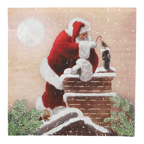 Moș Crăciun în roșu stă cu o acadea pe un acoperiș înzăpezit lângă o pasăre și un coș de fum, încadrat de crengi de brad. Motiv ideal de Crăciun pentru PAPSTAR 20 de șervețele, 40 cm x 40 cm, 3 straturi, pliere 1/4 de la PAPSTAR GmbH.