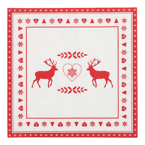PAPSTAR 20 de șervețele, 40 cm x 40 cm, 3 straturi de la PAPSTAR GmbH cu design roșu și alb: două reni, o inimă cu fulg de zăpadă și un model festiv de margine cu inimi, fulgi de zăpadă și copaci.