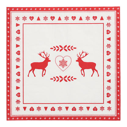 PAPSTAR 20 de șervețele, 40 cm x 40 cm, 3 straturi de la PAPSTAR GmbH cu design roșu și alb: două reni, o inimă cu fulg de zăpadă și un model festiv de margine cu inimi, fulgi de zăpadă și copaci.