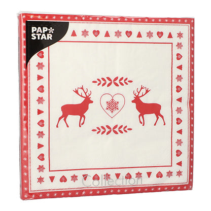 Un pachet cu 20 de șervețele PAPSTAR, 3 straturi, 40 x 40 cm, cu un design roșu-alb cu două reni care se confruntă cu o inimă și sunt înconjurați de inimi, fulgi de zăpadă și frunze. Marca: PAPSTAR GmbH.